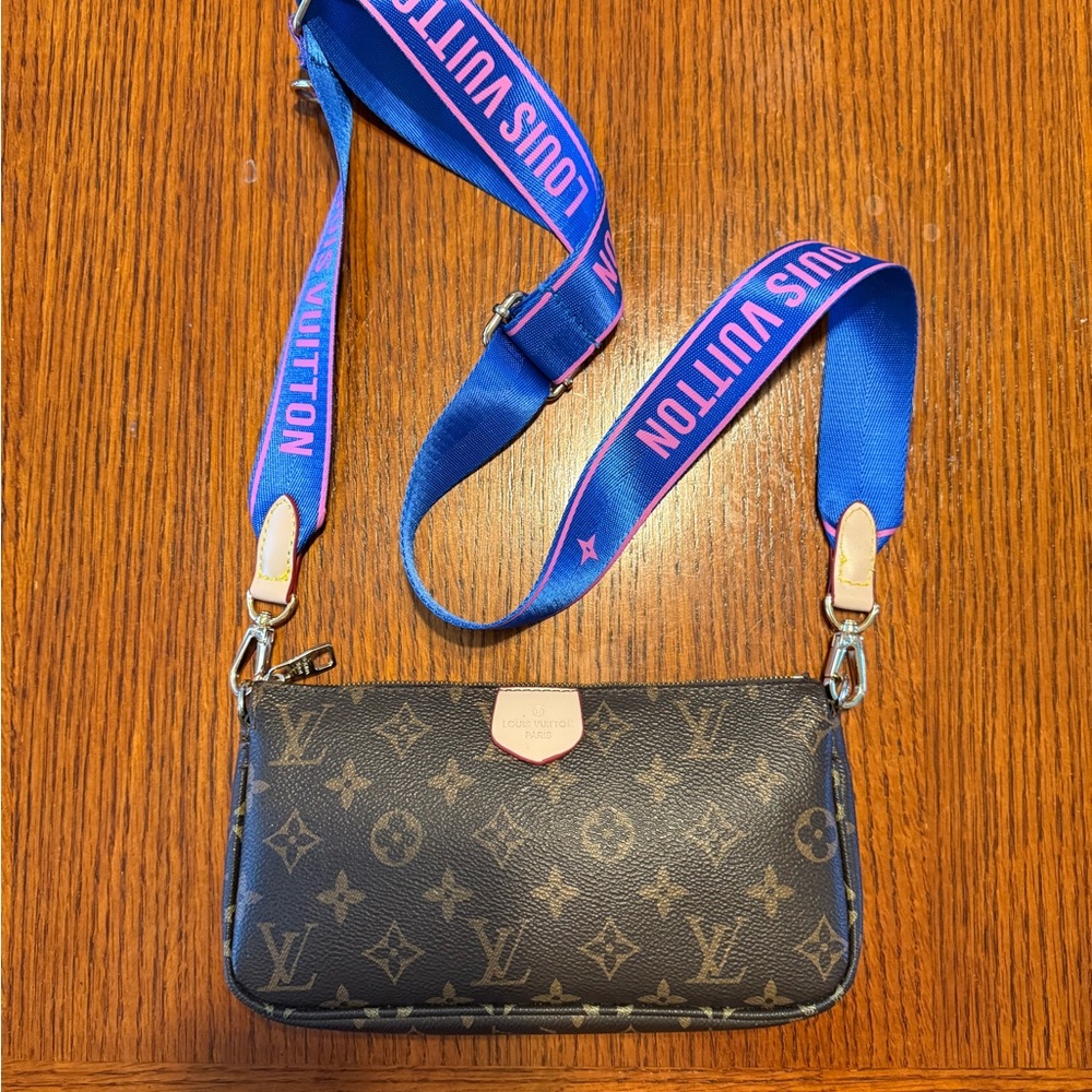 Designer Inspired Monogram Crossbody Bag with Blue Strap